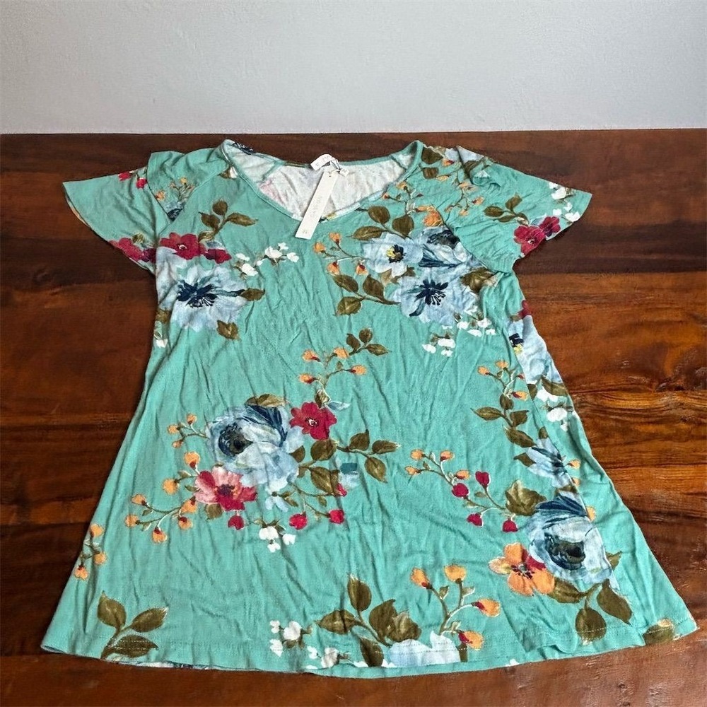 CASLON Women's Floral V-Neck Blouse Mint Green Short Sleeve Size M